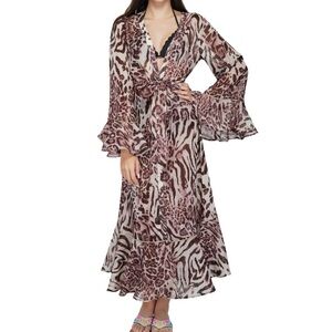 Rose Tan Animal Print Ruffle Kimono